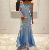 BXOXO Boat Neck Sleeves Ankle Length Arabic Blue Glitter Prom Gowns Satin Evening Dreses Sequined Prom Dress Evening Dresses